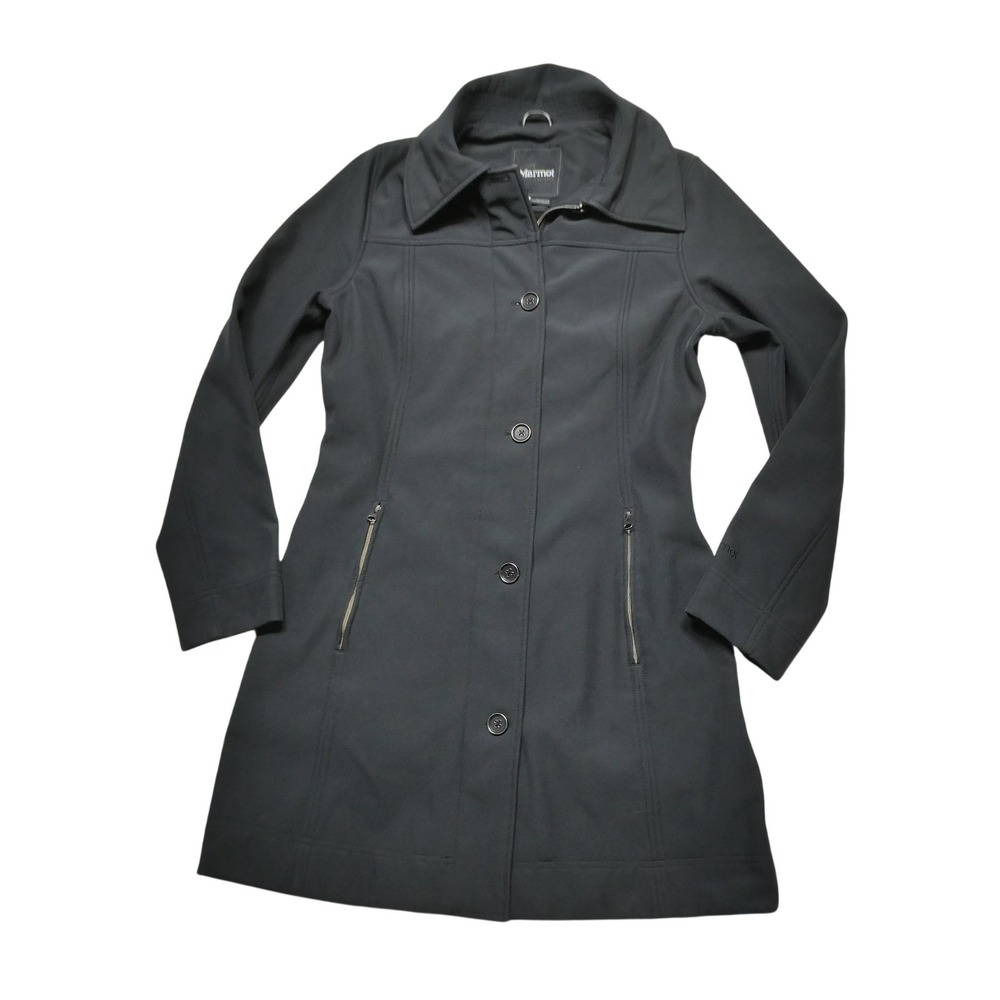 Marmot Coat Womens Medium Black Softshell Trench Full Zip Button Front Pockets